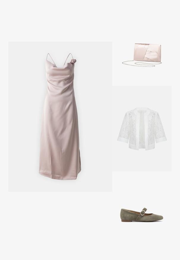 Hvid blonder jakke med åben front og 3/4 ærmer samt ensfarvet kant ved krave, manchetter, forkanter og kant forneden.; Satin sundress i lys pink med tynde stropper og en draperet halsudskæring, prydet med en roseaccent på venstre skulder.; Grøn ruskinds balletflade med rund tå, en tynd rem med detalje i sølvring og en lav brun hæl.; Satin clutch taske i blød pink med plisseret design; har en sølv kæderem og en strømlinet rektangulær form.