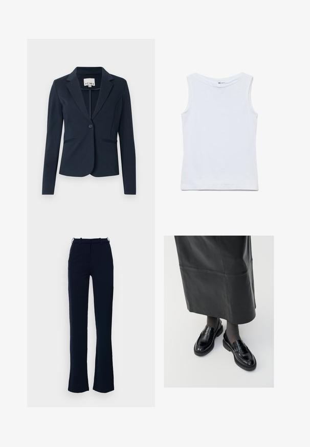 Blazer ajusté bleu marine en tissu lisse, avec une fermeture à un bouton, deux poches avant et un col classique.; Haut blanc sans manches en coton avec un large col rond et un ourlet droit, présenté à plat sur un fond blanc.; Pantalon bleu marine avec une coupe droite, fabriqué dans un tissu lisse, avec passants de ceinture et fermeture à glissière à l'avant.; Mocassins en cuir noir avec une finition lisse, ornés d'une bande décorative, à bout rond et avec une semelle texturée. Portés avec une longue jupe en cuir noir.