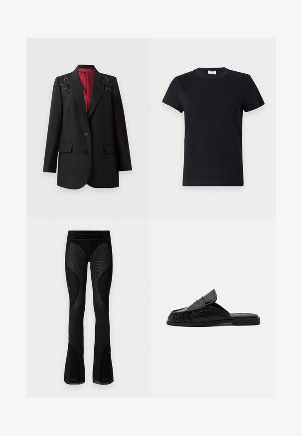 Sort skræddersyet blazer med dyb rød foring, der har blomsterbroderi på skuldrene og to forlommer. To-knap lukning.; Sort kortærmet t-shirt lavet af bomuld, med rund halsudskæring og en simpel, glat tekstur uden trykte mønstre eller accenter.; Sorte mesh flared leggings med tekstureret detaljering og mønstrede indsæt. Har en høj talje med brandlogo øverst.; Sort læder slip-on mule med flad sål, mokkasinstil syning og en foldet tungedetalje på en ensfarvet baggrund.