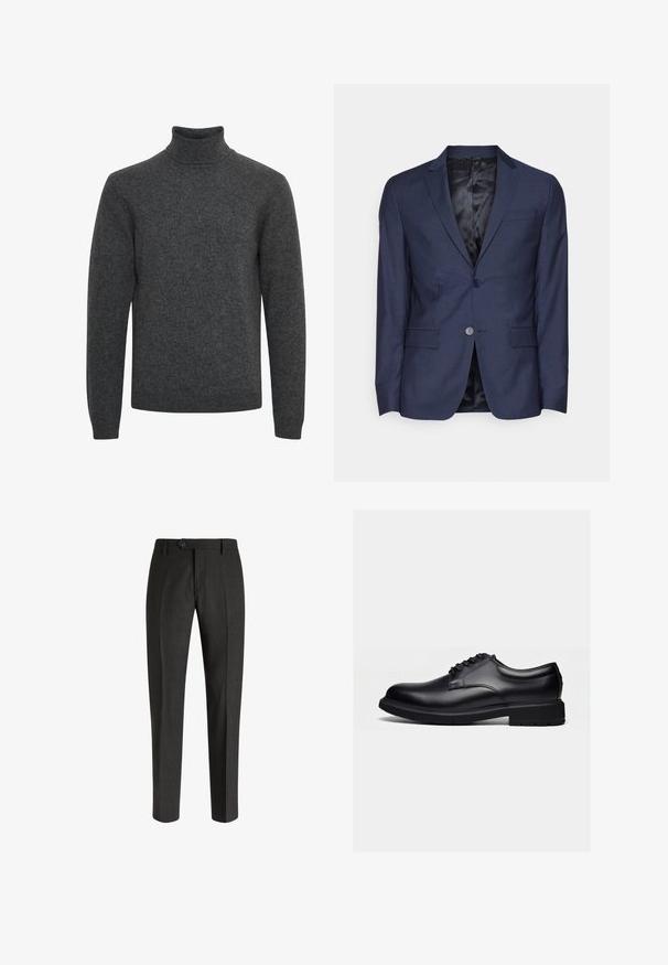 Calvin Klein Tailored MICRO - Veste de costume - night sky; Pull à col roulé gris foncé à manches longues avec col, poignets et bas en côtes, en tissu tricoté doux.; Boggi Milano Chino - charcoal; Chaussure habillée en cuir noir poli avec lacets et semelle épaisse en caoutchouc, vue de profil sur un fond clair uni.