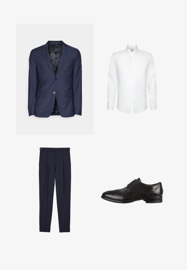 Calvin Klein Tailored MICRO - Jakkesæt blazere - night sky; Enkelt hvid skjorte med lange ærmer, klassisk krave og knaplukning foran, vist mod en hvid baggrund.; Reiss REGULAR FIT - DREAM BLEND - Bukser - bright blue; Sorte lædersko med glat overflade, rund tå, snørebåndsdesign og lav stablet hæl. Der er subtile syninger, der kan ses.