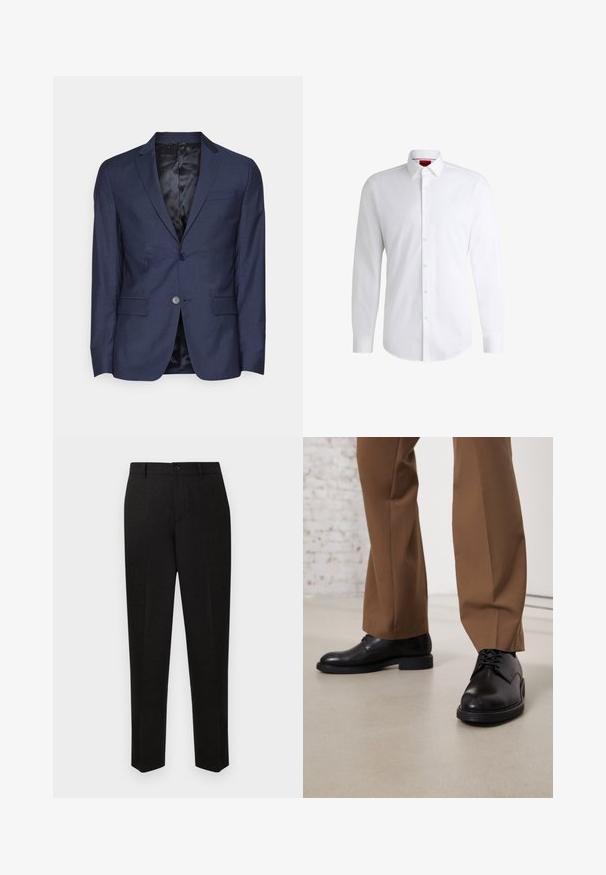 Calvin Klein Tailored MICRO - Colbert - night sky; Witte overhemden van soepel materiaal met een klassieke kraag, lange mouwen en een afgeronde zoom. Voorzien van beige knopen aan de voorkant.; Zwarte op maat gemaakte broek met een rechte pijp, voorzien van een knoopsluiting en een subtiele textuur. Geen zichtbare patronen of accenten.; Zwarte leren schoenen met een gladde oppervlakte en een ronde neus, metveterafsluiting en een lage, platte zool. Gecombineerd met bruine broeken.