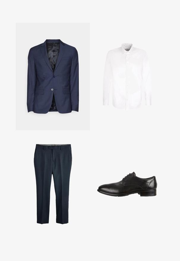 Calvin Klein Tailored MICRO - Anzugsakko - night sky; Weißes, langärmliges Hemd mit Knopfleiste und spitzem Kragen, flach auf weißem Hintergrund präsentiert.; Dunkelgraue formelle Herrenhose mit Knopf und Gürtelschlaufen, Vordertaschen und geradem Schnitt auf weißem Hintergrund.; Schwarze Leder-Dressschuhe mit glatter Oberfläche, runder Zehenform, Schnürdesign und niedrigem, gestapeltem Absatz. Dezente Nähte sind sichtbar.