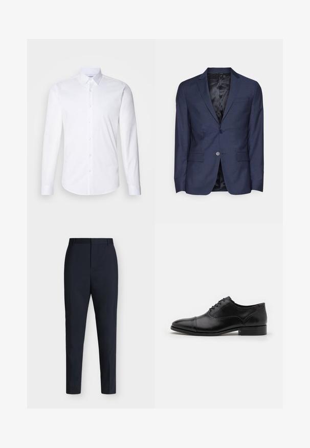 Calvin Klein Tailored MICRO - Jakkesæt blazere - night sky; Hvid langærmet skjorte med knaplukning lavet af glat bomuldsstof, med en klassisk krave, knaplukning og buet kant.; Mørkeblå formelle bukser med slim pasform, bæltestropper og skjult frontlukning, vist fladt på en ensartet lys baggrund.; ALDO ABAWIENFLEX - Snøresko - other black