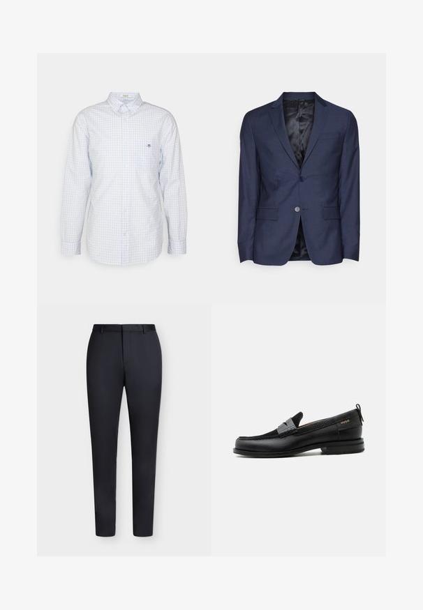 Calvin Klein Tailored MICRO - Chaqueta de traje - night sky; Camisa de cuadros azul claro con botones y mangas largas, cuello y pequeño logo en el pecho. Hecha de algodón y con una textura suave.; Pantalones negros ajustados a medida con trabillas para cinturón y cierre delantero oculto, mostrados sobre un fondo blanco.; Mocasín de cuero negro con detalle de tira gris, tacón bajo y suela texturizada, con la marca "HUGO" en oro en el lateral.