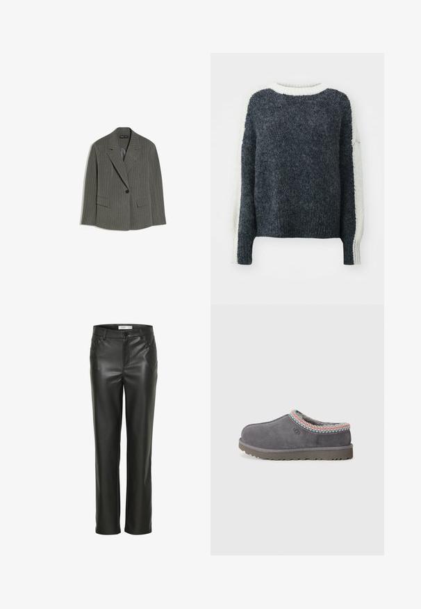 Blazer gris foncé à fines rayures avec revers crantés, fermeture à un bouton noir unique, et deux poches avant à rabat, posé à plat sur fond blanc.; Pull en tricot gris foncé avec une finition texturée. Manches et col de couleur crème. Forme carrée, bords côtelés. Matériau doux en mélange de laine.; Pantalons en cuir noir avec une coupe droite, dotés de poches avant et d'une fermeture à bouton. Texture lisse avec une apparence élégante.; UGG TASMAN II - Chaussons - dark grey