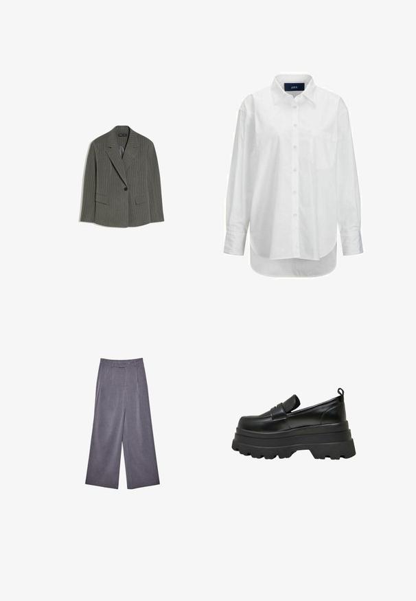 Blazer gris foncé à fines rayures avec revers crantés, fermeture à un bouton noir unique, et deux poches avant à rabat, posé à plat sur fond blanc.; Chemise blanche à manches longues en coton doux avec un col boutonné, une poche à l'avant et un ourlet arrondi. Présente un empiècement au dos pour plus de structure.; Pantalons gris taille haute à jambes larges avec passants de ceinture et plis avant, présentés sur un fond blanc.; Mocassins noirs avec une semelle plateforme épaisse, en cuir lisse. Présentent un bout arrondi, une seule sangle et une languette.