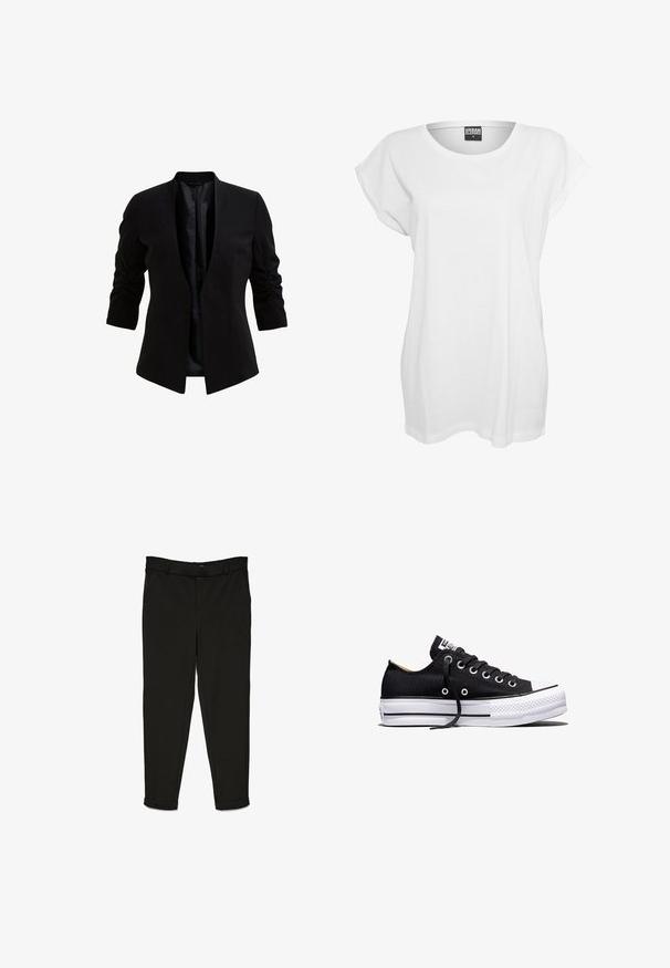 Blazer negro con mangas de tres cuartos, abertura frontal y ligero fruncido en las mangas. Tela suave con un acabado interior satinado.; Camiseta blanca de manga corta hecha de algodón, con un corte relajado, cuello ancho y un diseño minimalista sin patrones ni adornos.; Pantalones negros de tela tejida, con un diseño de corte recto, parte delantera plana y puños en los tobillos para un aspecto estilizado.; Zapatilla deportiva negra de lona de corte bajo con suela plataforma de goma blanca, cordones negros y ojales de metal sobre fondo blanco.