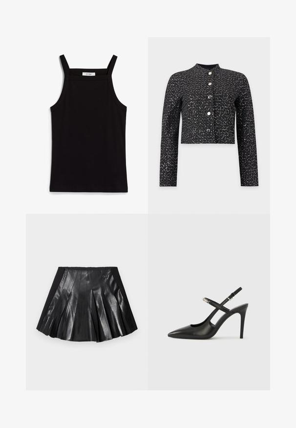 Veste courte noire à manches longues avec des sequins argentés et cinq grands boutons argentés sur le devant, avec un col rond.; Débardeur noir à fines bretelles, en tissu côtelé, avec une coupe droite et une étiquette au niveau du col indiquant "IVY OAK."; Jupe plissée noire avec un devant en cuir brillant et une ceinture noire unie ornée d'un petit détail métallique. Des panneaux en cuir texturé rehaussent le design.; Escarpins slingback en cuir noir avec bout pointu, design ajouré et bride ajustable ornée de ferrures métalliques.