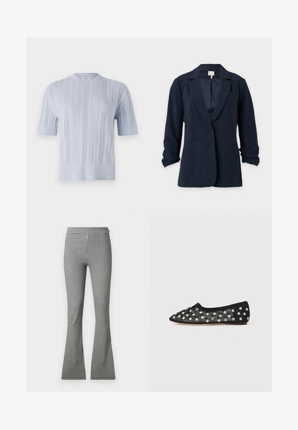 Marineblå blazer med enkelt knap, notch-lapels, to forlommer og let rynkede ærmer, vist på en ensfarvet lys baggrund.; Lyseblå kortærmet striktrøje med vertikal ribbet struktur og rund halsudskæring. Stoffet har subtile detaljer med en tætsiddende kant.; Sort-hvidt houndstooth-mønstrede flared bukser med en tætsiddende talje og glat stoftekstur, der strækker sig fra talje til kant.; Sort flad sko med spids tå, lavet af mesh med store sølv polka prikker, og en lille sløjfedetalje fortil. Textureret stof.