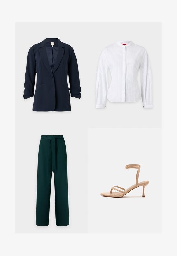 Blazer bleu marine à un bouton avec revers crantés, deux poches avant et manches légèrement froncées, présenté sur un fond clair uni.; Blouse blanche à manches longues avec col mandarin, patte de boutonnage cachée et manches légèrement bouffantes avec poignets boutonnés.; Pantalon vert à coupe large, avec passants de ceinture, ceinture en tissu nouée et texture lisse ; présente une taille haute et aucun motif visible.; Sandales à talons hauts nues avec une fine bride de cheville et un talon effilé. Fabriquées en matériau lisse avec un design minimaliste et sans motifs.