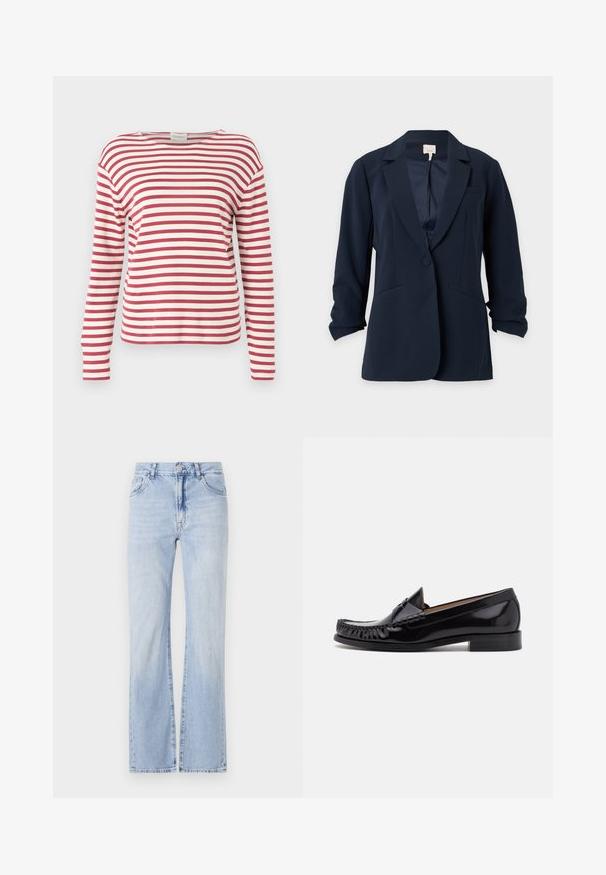 Marineblå blazer med enkelt knap, notch-lapels, to forlommer og let rynkede ærmer, vist på en ensfarvet lys baggrund.; CLOSED BASIC - Langærmet T-shirt - cherry red; Lysblå denim flared jeans med fem lomme-design, bæltestropper og knaplukning. Blød tekstur med subtil fading.; Sorte læder moccasin sko med en skinnende finish, der har frynsedetaljer langs fronten og en lav stabelhælk.
