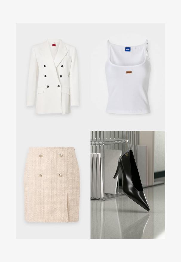Hvid dobbeltradet blazer med sorte knapper, klaplommer, to frontlommer og en tekstureret stoffinish. Rød mærkelabel indeni.; Hvid ribbet tanktop med justerbare stropper, der har et blåt logo-label og et lille brunt tag, fremstillet af blødt, strækbart materiale.; Beige tekstureret nederdel med et vævet mønster, der har to markante sølvknapper foran og en let asymmetrisk kant.; Sort højhælet sko med spids tå og guldlogo, placeret på en reflekterende overflade nær en krom trådfilholder med dokumenter.