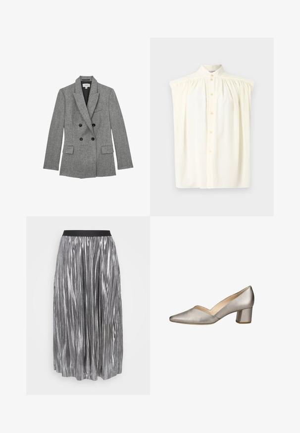 Grå dobbeltradet ternet blazer med hakrevers, sorte knapper, klaplommer og sort inderfor, størrelse medium.; Cremefarvet ærmeløs bluse med høj hals, knaplukning og samlede detaljer på skuldrene. Glat stoftekstur.; Sølvplettet nederdel lavet af metallisk stof med et sort elastisk taljebånd. Har vertikale, blanke folder og en længde til midt på læggen.; Damesko i metalsølv læder med lav blokhælkappe, spids tå og V-formet udskæring i siden.