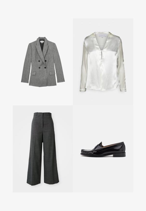Blazer gris de cuadros con doble botonadura, solapas con muesca, botones negros, bolsillos con solapa y forro interior negro, talla mediana.; STUDIO ID ALYSSA - Blusa - champagne; Pantalones de cuadros grises de pierna ancha con cintura alta, que presentan pliegues frontales, textura vertical y sin hardware ni acentos visibles.; Zapato mocasín de cuero negro con un acabado brillante, que presenta detalles de flecos en la parte delantera y un tacón bajo apilado.