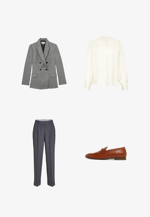 Grijze geruite dubbelgeknoopte blazer met inzette revers, zwarte knopen, klepzakken en zwarte binnenvoering, maat medium.; Langarmige crèmekleurige blouse met ronde hals en een enkele knoopsluiting aan de bovenkant, losse pasvorm en manchet mouwen.; Donkergrijze op maat gemaakte broek met een recht gesneden ontwerp, geplooid voorpand en omslagmanchetten. Gemaakt van soepel materiaal, met een klassieke tailleband.; Bruine leren instapper met een ronde neus, kleine geborduurde accenten en een lage hak. Gladde textuur met minimale stikseldetails.
