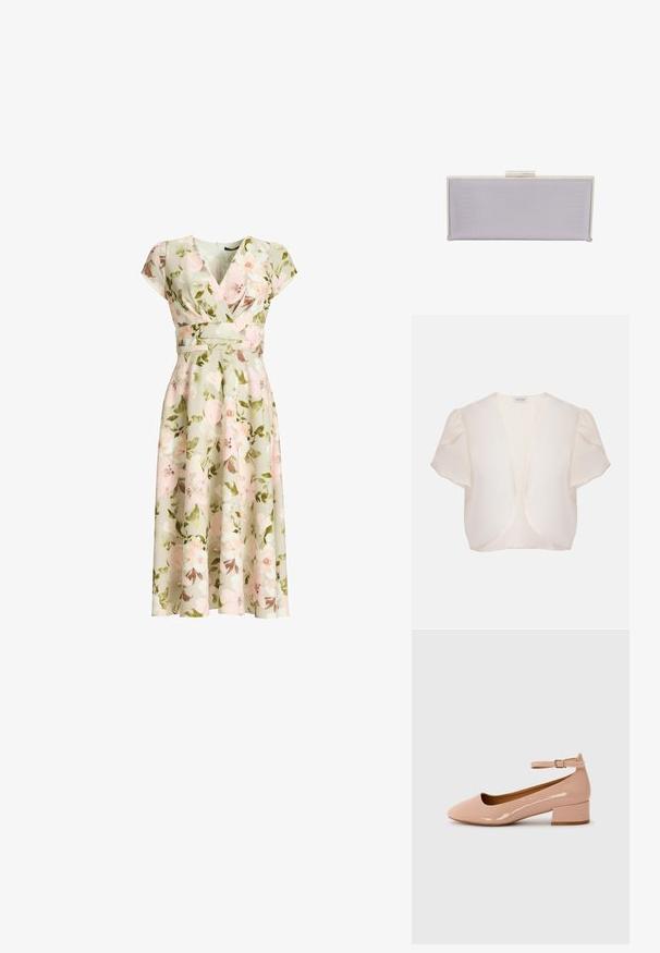 Chaqueta bolero crema de manga corta con frente abierto y hombros ligeramente abombados sobre fondo liso.; Vestido cruzado verde con estampado floral, mangas tipo capa, cintura ajustada y falda midi en línea A con flores rosas y blancas y hojas verdes.; Zapatilla plana de charol rosa con punta redondeada, tira al tobillo y tacón bajo. Textura suave y diseño minimalista.; Clutch rectangular de lavanda hecho de material texturizado con bordes lisos. Presenta un cierre de clasp plateado en la parte superior.