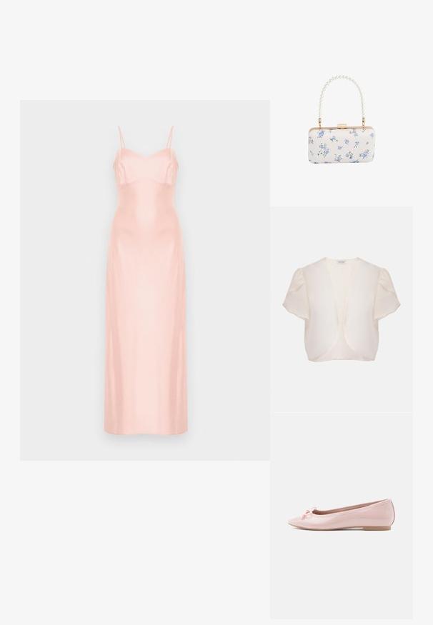 Chaqueta bolero crema de manga corta con frente abierto y hombros ligeramente abombados sobre fondo liso.; Vestido largo de satén rosa pálido con finos tirantes de espagueti y corpiño ajustado, mostrado sobre un fondo blanco liso.; Zapato plano tipo ballet de charol rosa con punta puntiaguda y detalle de lazo decorativo en la parte frontal. Cuenta con suela plana y diseño sin costuras.; Clutch rectangular blanca con patrón floral azul y asa con cuentas de perlas, herrajes en tono dorado y cierre con broche.