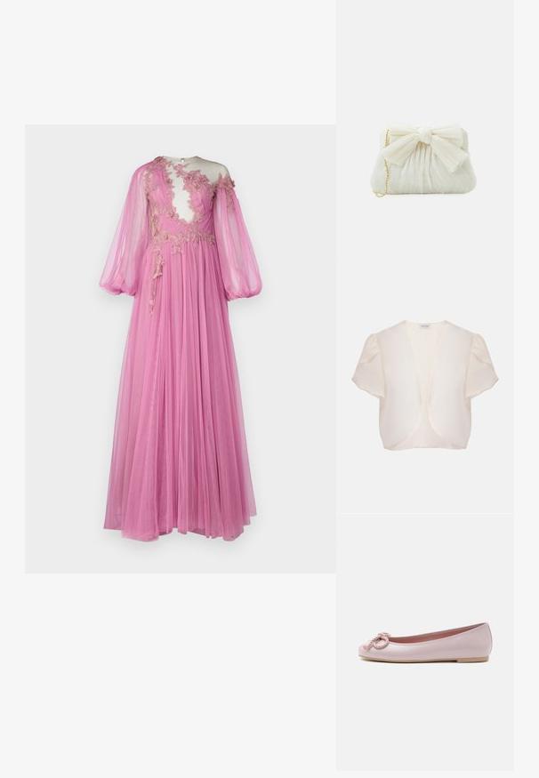 Boléro crème à manches courtes avec devant ouvert et épaules légèrement bouffantes sur fond uni.; Robe longue rose en tissu transparent, avec un corsage transparent orné de broderies florales, des manches ballons et une jupe fluide.; Ballerine en cuir verni rose clair avec bout arrondi, nœud en corde torsadée sur le devant et semelle basse beige sur fond blanc.; Sac à main plissé blanc avec un nœud proéminent et une chaîne dorée. Texture douce avec un design froncé à l'avant.