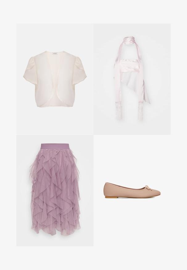 Cremefarbener Bolero mit kurzen Ärmeln, offenem Vorderteil und leicht gepufften Schultern vor einfarbigem Hintergrund.; Rosa Satinschal mit langem Design, fransigen Kanten und einem schlanken Bindeband. Die glatte Textur und die drapierte Form verstärken seine Eleganz.; Lila Tüllrock mit geschichteten Rüschen, einem elastischen Bund und einer leichten, durchsichtigen Textur. Entworfen mit einer gestuften Silhouette.; Beiger, strukturierter Ballerinaschuh mit abgerundeter Spitze, kleinem Schleifendetail oben und flacher hellbrauner Sohle, seitlich dargestellt.