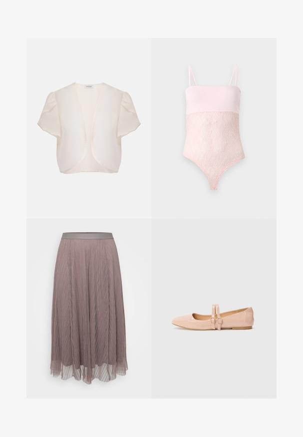 Chaqueta bolero crema de manga corta con frente abierto y hombros ligeramente abombados sobre fondo liso.; Body de encaje rosa claro con tirantes finos y una parte superior lisa sobre un fondo liso y claro.; Falda midi con pliegues en suave malva, con una cintura de satén lisa. Material ligero y fluido con líneas verticales y capas transparentes.; Bailarinas de charol rosa pálido con punta afilada, que presentan dos correas ajustables y una suela de goma baja y plana.