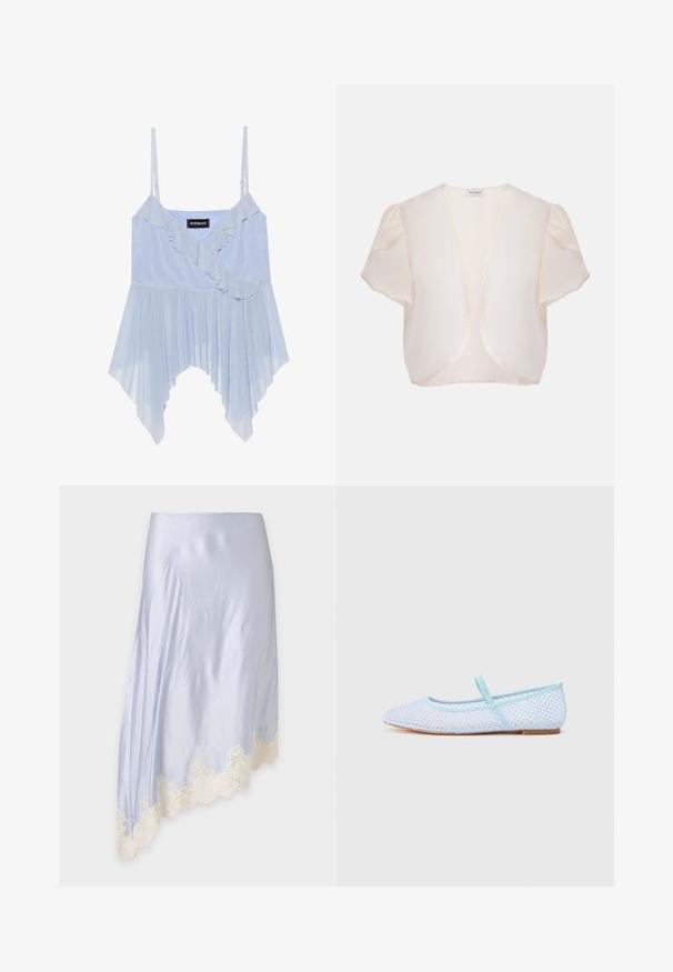 Boléro crème à manches courtes avec devant ouvert et épaules légèrement bouffantes sur fond uni.; Even&Odd Débardeur - sky blue; Jupe asymétrique bleu clair avec une bordure en dentelle crème le long de l'ourlet incliné, présentée sur un fond gris uni.; Ballerines en maille bleue avec une fine bride et une surface texturée. Bout arrondi, semelle légère et motif complexe sur le dessus.