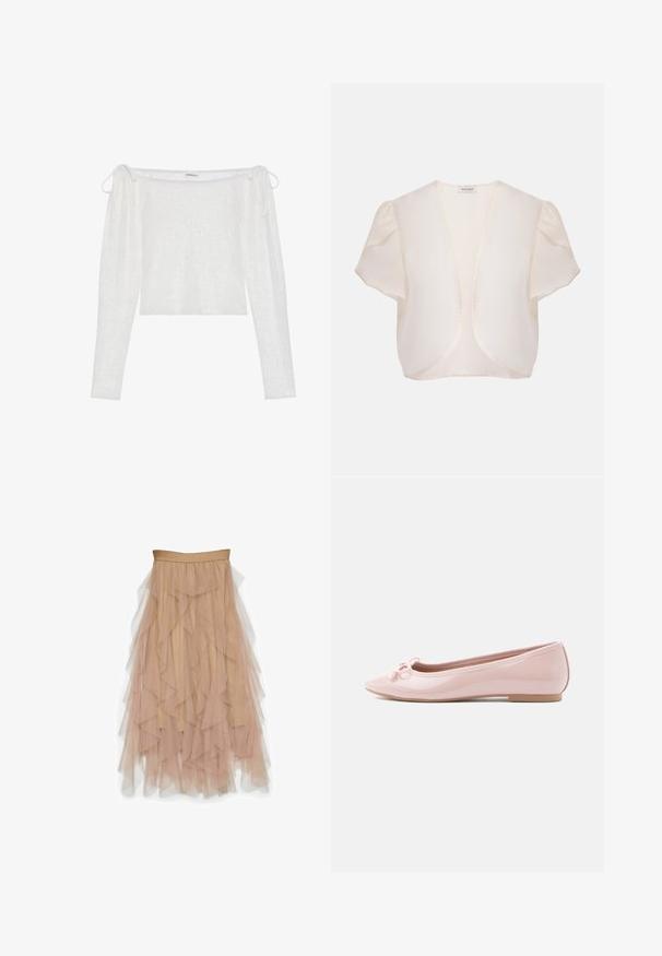 Chaqueta bolero crema de manga corta con frente abierto y hombros ligeramente abombados sobre fondo liso.; Top blanco tipo off-the-shoulder con mangas largas, confeccionado en tela texturizada, presenta cierres tipo lazo en las mangas y un dobladillo recto.; Vero Moda VMEVE High waist Long - Falda larga - light taupe; Zapato plano tipo ballet de charol rosa con punta puntiaguda y detalle de lazo decorativo en la parte frontal. Cuenta con suela plana y diseño sin costuras.