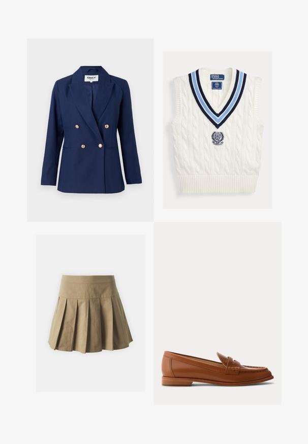 Blazer de dos botones azul marino con solapa muesca, botones dorados y bolsillos laterales. Hecho de un tejido texturizado con un ajuste entallado.; Chaleco sin mangas blanco de punto con cuello en V a rayas azules y logotipo de Polo Ralph Lauren Wimbledon en el pecho.; Falda de tono caqui con pliegues y cinturilla ajustada, hecha de una tela de algodón, con una textura uniforme y un diseño corto y acampanado.; Mocasín de cuero marrón con tacón bajo de madera, correa clásica para moneda y detalles cosidos a lo largo de la puntera y los laterales.