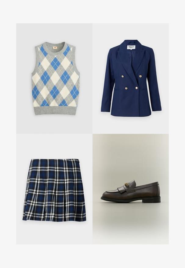Blazer bleu marine croisé avec un col cranté, des boutons dorés et des poches latérales. Fabriqué en tissu texturé avec une coupe ajustée.; Pull gris sans manches avec un motif argyle bleu, blanc et jaune. Il présente un col rond et un ourlet côtelé. Fabriqué en tissu doux.; Jupe mini à carreaux avec des couleurs marine, noire et blanche. Dotée de plis et d'une texture lisse. Fermeture éclair sur le côté.; Mocassin en cuir marron foncé avec détail à franges et boucle dorée sur semelle noire, vu de côté sur un fond neutre.