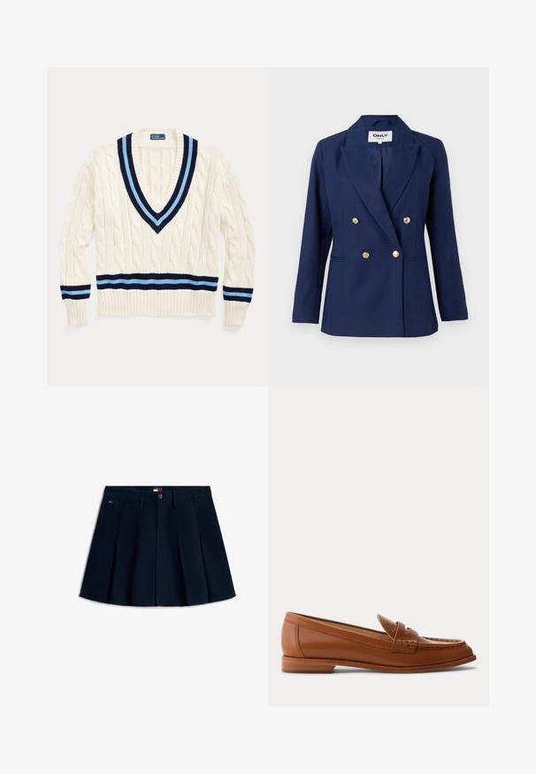 Blazer bleu marine croisé avec un col cranté, des boutons dorés et des poches latérales. Fabriqué en tissu texturé avec une coupe ajustée.; Pull crème en tricot torsadé avec un col en V, arborant des rayures bleu marine et bleu clair sur le col et l'ourlet inférieur.; Jupe mini plissée bleu marine avec bouton et fermeture éclair à l'avant, passants de ceinture, poches latérales et petit logo sur la hanche gauche.; Mocassin en cuir marron avec petit talon en bois, bride classique pour pièce et détails cousus le long de la pointe et des côtés.