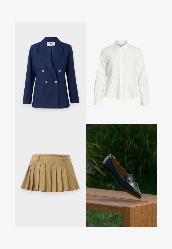 Mørkeblå dobbeltbrystet blazer med slåede lapeller, guldknapper og sidelommer. Fremstillet af tekstureret stof med en skræddersyet pasform.; Hvid skjorte med knapper lavet af bomuld, med klassisk krave, lange ærmer og diskrete pintuck-detaljer fortil. Glat tekstur.; Plisseret nederdel i sandfarvet stof med en tætsiddende talje, flere plisseringer og en lige nederste kant. Ingen synlige lukninger eller detaljer.; Sort læderloafer med detaljeret sløjfe, der svæver over en træbænk med grøn græs og planter i baggrunden.