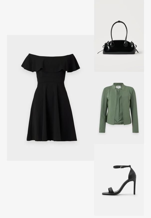 Blazer sin cuello de color verde oliva con mangas largas, costuras estructuradas y parte delantera abierta de la marca ONLY.; Vestido negro fuera de los hombros con un escote con volantes, corsé ajustado y falda acampanada. Hecho de una tela suave con un acabado sólido.; Sandalia de tacón alto negra con un diseño elegante, que cuenta con una correa en el tobillo, punta abierta y una textura de cuero suave.; Pequeño bolso negro brillante con dos asas largas y detalles de cordón lateral sobre un fondo claro liso.