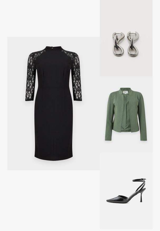 Blazer vert olive sans col avec manches longues, coutures structurées et ouverture frontale de la marque ONLY.; Robe noire mi-longue aux genoux avec manches trois-quarts en dentelle et petite fermeture à bouton au dos au niveau de l'encolure.; Escarpin noir à bout pointu avec fines brides de cheville et fermeture à boucle argentée sur fond clair uni.; Paire de boucles d'oreilles en métal argenté avec un motif abstrait d'anneaux entrelacés sur fond blanc.