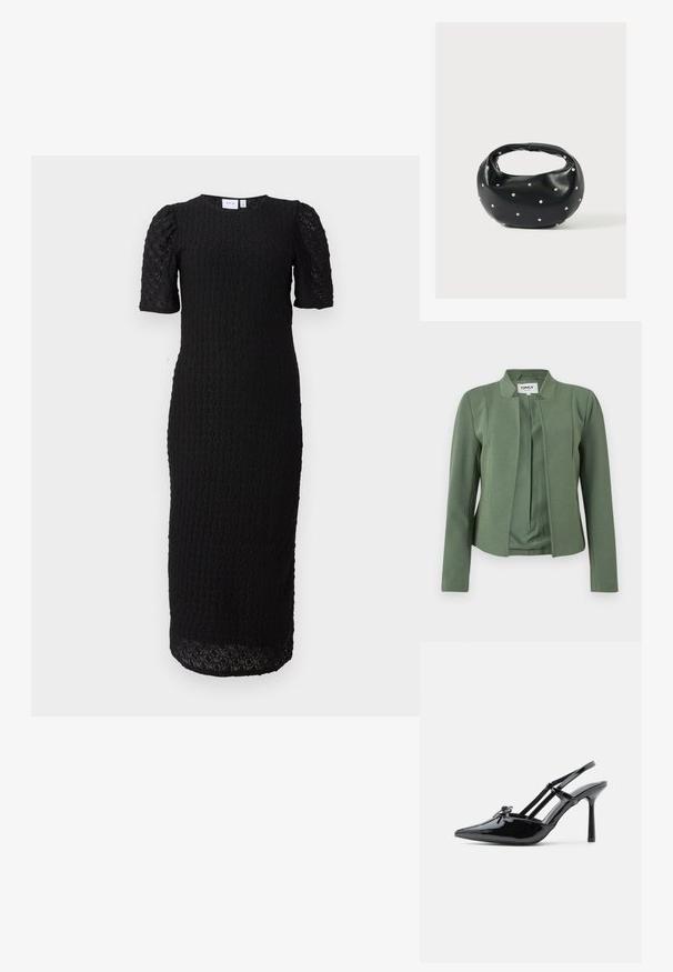 Blazer sin cuello de color verde oliva con mangas largas, costuras estructuradas y parte delantera abierta de la marca ONLY.; Vestido negro midi con mangas cortas abullonadas y un patrón circular de encaje en todo el tejido, con cuello redondo y corte recto.; Zapato tipo slingback de charol negro con tacón alto, punta puntiaguda, tacón delgado y doble tira cruzando el empeine.; Bolso de mano de cuero negro con forma redondeada, decorado con detalles de tachuelas plateadas y un asa corta. Textura lisa y cierre con cremallera.