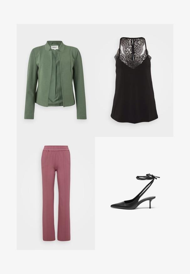 Oliven grøn kravefri blazer med lange ærmer, strukturerede syninger og åben front fra mærket ONLY.; Sort cami med blonderdetaljer ved V-udskæringen og ryggen. Har justerbare stropper og en glat stoffascist. Regular fit.; Lyse mauve lige bukser med elastisk talje. Fremstillet af blødt materiale og med lodrette syninger for et skræddersyet udseende.; Sorte læder stiletto sko med spids tå, åben bag, og ankelstropper bundet i en sløjfe. Slank 3-tommers hæl. Glat overflade, minimalistisk design.