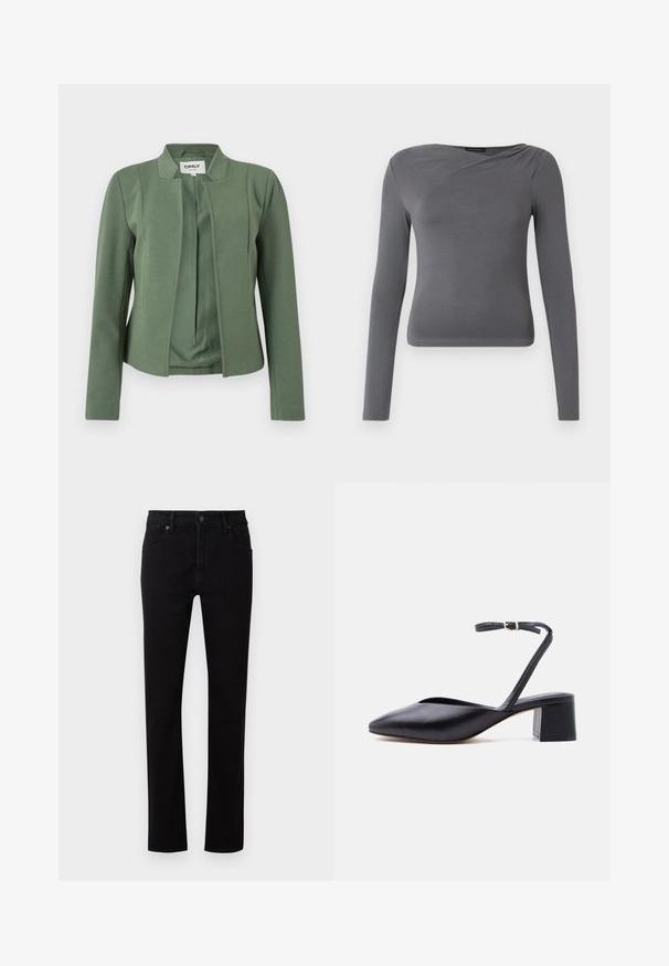 Olivgrüner, kragenloser Blazer mit langen Ärmeln, strukturierten Nähten und offenem Vorderteil der Marke ONLY.; Graues Langarmshirt aus weichem, elastischem Stoff. Verfügt über einen stylischen gesteppter V-Ausschnitt und eine taillierte Passform mit geradem Saum.; Schwarze Denim-Jeans mit geradem Bein. Verfügt über fünf Taschen, einen Knopfverschluss vorne und dezente Steppnähte entlang der Nähte.; Schwarzer Leder-Pumps mit niedrigem Blockabsatz, spitz zulaufender Schuhspitze und dünnem Knöchelriemen mit goldener Schnalle vor hellem Hintergrund.