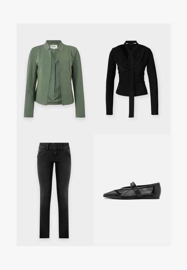 Blazer vert olive sans col avec manches longues, coutures structurées et ouverture frontale de la marque ONLY.; Blouse noire cintrée à manches longues avec devant froncé et lien de cou attaché descendant au centre.; Jean skinny en denim noir avec une taille à deux boutons, des poches avant et une finition lisse et texturée. Coupe standard, design pleine longueur.; Chaussure plate noire avec un bout pointu, panneaux latéraux en maille et une sangle avec une boucle décorative. Fini lisse sur les sections du bout et du talon.