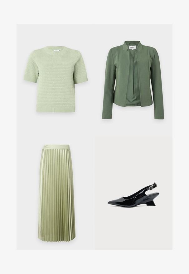Blazer vert olive sans col avec manches longues, coutures structurées et ouverture frontale de la marque ONLY.; Pull en tricot à manches courtes de couleur vert clair avec un motif texturé. Il présente un col rond ainsi que des poignets et un ourlet côtelés. Matière douce et respirante.; Jupe midi plissée en satin vert clair avec une texture lisse. Taille ajustée, longueur mi-mollet, avec des plis verticaux réguliers sur toute la surface.; Chaussure slingback en cuir verni noir avec bout pointu et petit talon bloc incliné sur fond clair uni.