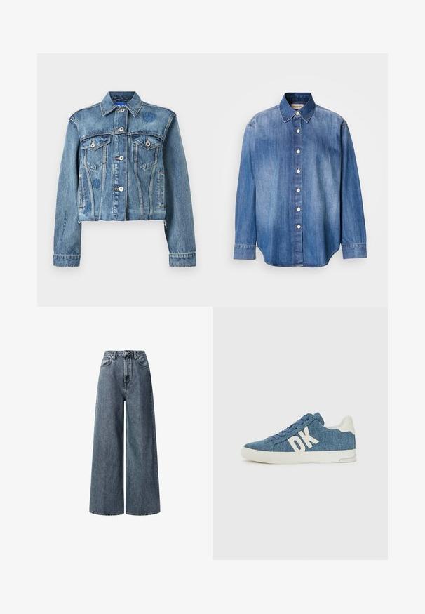 Denim-Truckerjacke in Hellblau mit zwei Brusttaschen, silbernen Knöpfen und floralem Stickdetails auf der linken Schulter. Kürzerer Schnitt.; Denim Knopfhemd, hellblaue Farbe, lange Ärmel, klassischer Kragen, Vorderknöpfe und leicht abgerundeter Saum. Glatte Textur.; Weite, hoch geschnittene Jeans in dunkelblauem Denim. Mit klassischen Fronttaschen, Gürtelschlaufen und einem Reißverschluss mit Metallknopf.; Denim-Sneaker aus blauem strukturiertem Stoff, mit weißer Gummisohle und großem weißen "DK"-Logo an der Seite.