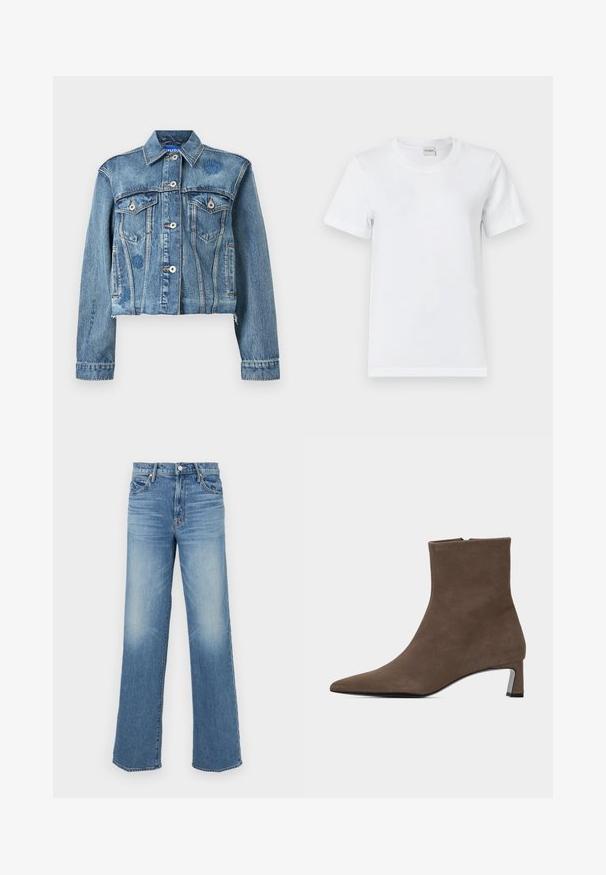 Heledad denim jakken helesin sinises, millel on kaks rinntaskut, hõbedased nupud ja lillelised tikandid vasakul õlal. Lühendatud disain.; Valge puuvillane T-särk, millel on ümmargune kaelus, lühikesed varrukad, sirge äär ja sile tekstuur. Ilma musterite või lisavarustuseta.; Mother MID RISE TUNNEL VISION SNEAK SUPERIOR - Avar lõikega teksad - blue denim; Pruun seemisnahast pahkluu saabas terava varba, külgse tõmblukuga ja madala klotsi kandega üheljalgsel heledal taustal.