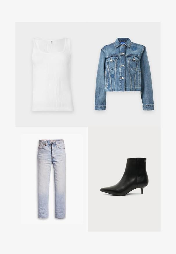 Veste en jean type trucker bleu clair avec deux poches poitrine, boutons argentés et broderie florale sur l'épaule gauche. Design court.; Débardeur blanc à côtes avec un décolleté rectangulaire et des bretelles larges. Le tissu présente une apparence texturée et extensible.; Jean en denim bleu clair avec une coupe droite, dotés d'une fermeture à boutons, de cinq poches et d'un léger délavage sur les jambes.; Bottine en cuir noir avec bout pointu et petit talon kitten sur fond clair, vue côté extérieur.