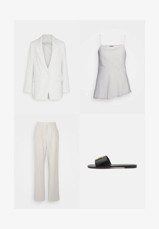 Blazer en velours côtelé blanc avec un revers cranté, fermeture à un bouton, et deux poches avant avec une coupe légèrement décontractée.; Haut blanc sans manches avec des bretelles fines, une coupe décontractée et un design asymétrique. Fabriqué dans un tissu lisse et léger.; Cinq à Sept ELISABETH PANT - Pantalon classique - beige; Sandales slides en cuir noir avec un bout ouvert, une semelle plate et un accent décoratif en or sur le dessus. Texture lisse avec un design minimal.
