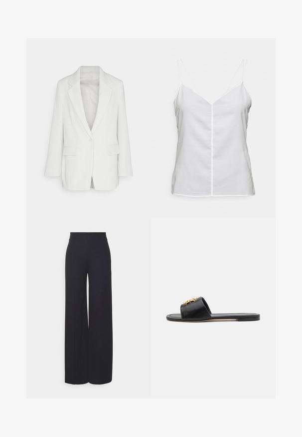 Blazer en velours côtelé blanc avec un revers cranté, fermeture à un bouton, et deux poches avant avec une coupe légèrement décontractée.; DESIGNERS REMIX VALERIE BACK DRAPE TOP - Débardeur - cream; Pantalon large en tissu noir uni. Présente une taille haute et une texture lisse sans motifs ni embellissements visibles.; Sandales slides en cuir noir avec un bout ouvert, une semelle plate et un accent décoratif en or sur le dessus. Texture lisse avec un design minimal.