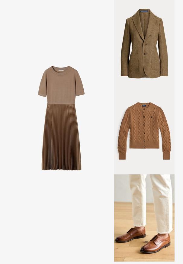 Hnedé kárované sako s výstrihovými klopami, dvoma prednými gombíkmi, tromi vreckami a štítkom Polo by Ralph Lauren vo vnútri goliera.; Hnedý sveter na zapínanie s vrkočovým vzorom, s okrúhlym výstrihom, dlhými rukávmi, rebrovanými manžetami a lemom, a malým vyšívaným logom na hrudi.; Hnedé plisované šaty s hladkým vrchom, krátkymi rukávmi a okrúhlym výstrihom. Majú definovaný pás a textúrované plisovanie na sukni.; Hnedé kožené brogue topánky s perforovanými detailmi, zaoblenou špičkou a hladkým povrchom, v kombinácii s nohavicami s rozstrapkaným lemom v krémovej farbe.