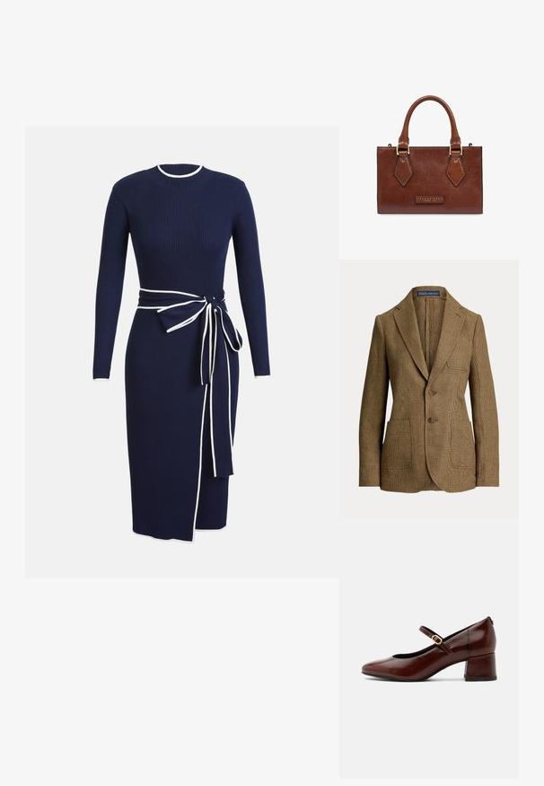 Blazer marrón de cuadros con solapas con muesca, dos botones delanteros, tres bolsillos y una etiqueta Polo by Ralph Lauren dentro del cuello.; Vestido de punto acanalado en color azul marino con mangas largas, escote redondo y ribete blanco. Presenta un cinturón atado en la cintura y una hendidura lateral como detalle.; Zapato Mary Jane de cuero marrón con tacón bajo y correa con hebilla dorada, vista lateral sobre fondo blanco.; Bolso de piel marrón con dos asas, detalles dorados y "The Bridge Firenze 1969" grabado en relieve en el centro frontal.