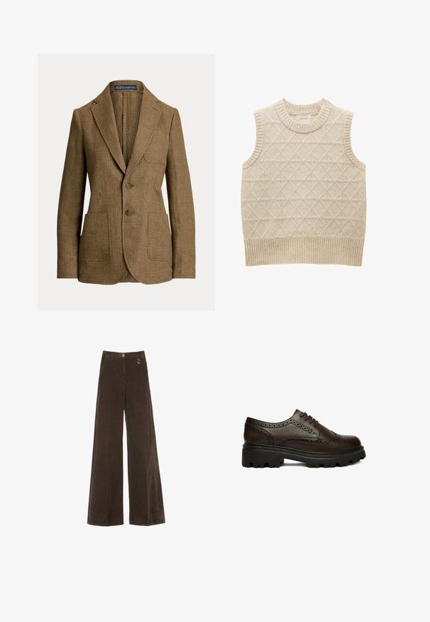 Bruine geruite blazer met ingezakte revers, twee knopen aan de voorkant, drie zakken en een Polo by Ralph Lauren label aan de binnenkant van de kraag.; Beige gebreide mouwloze sweater met ruitpatroon, geribbelde kraag en zoom, gemaakt van zacht materiaal voor comfort. Merkenlabel zichtbaar aan de binnenkant.; Bruine wide-leg ribfluwelen broek met een hoge tailleband, voorzien van een gouden knop en een decoratieve ringdetails. Geweven, zachte stof met verticale strepen.; Donkerbruine leren brogue schoen met geperforeerde details en dikke zwarte profielzool, zijkant gezien op een witte achtergrond.