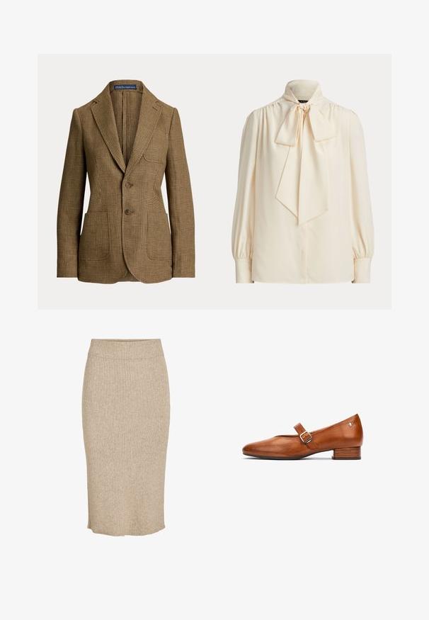 Blazer marrón de cuadros con solapas con muesca, dos botones delanteros, tres bolsillos y una etiqueta Polo by Ralph Lauren dentro del cuello.; Blusa cremosa de manga larga con cuello alto y un gran lazo atado en el cuello, con hombros fruncidos y mangas con puños.; Falda de punto en color beige claro con textura de canalé vertical, de longitud a la rodilla, con cintura elástica y corte recto.; Zapato Mary Jane de cuero marrón con un tacón bajo de bloque de madera y una correa con hebilla plateada en la parte superior, mostrado de perfil sobre un fondo blanco.