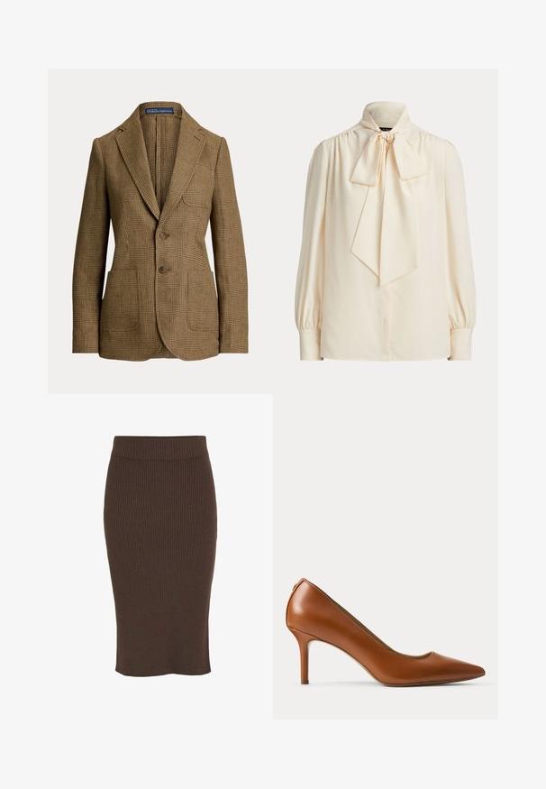 Blazer à carreaux marron avec col cranté, deux boutons devant, trois poches et une étiquette Polo by Ralph Lauren à l’intérieur du col.; Blouse crème à manches longues avec un col montant et un grand nœud noué au cou, avec des épaules froncées et des manches à poignets.; VILA VIRIL NOOS - Jupe crayon - coffee bean; Chaussure à talon haut pour femme en cuir marron à bout pointu avec un talon fin de hauteur moyenne sur un fond clair uni.