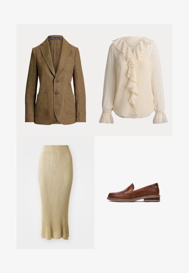 Brun ternet blazer med kløftede revers, to forreste knapper, tre lommer og en Polo by Ralph Lauren label inde i kraven.; Flødefarvet bluse med lange ærmer, flæsekrave, faldende flæse foran, bindebånd ved halsen og rynkede klokkeærmer.; Strikket blyantskirt i lys beige, med lodrette ribber, en tætsiddende talje og en udvidende kant med diskrete detaljer forneden.; Brune læder loafers med syede detaljer, en lav hæl og en tekstureret gummisål. Har et lille guldfarvet element nær hælen.