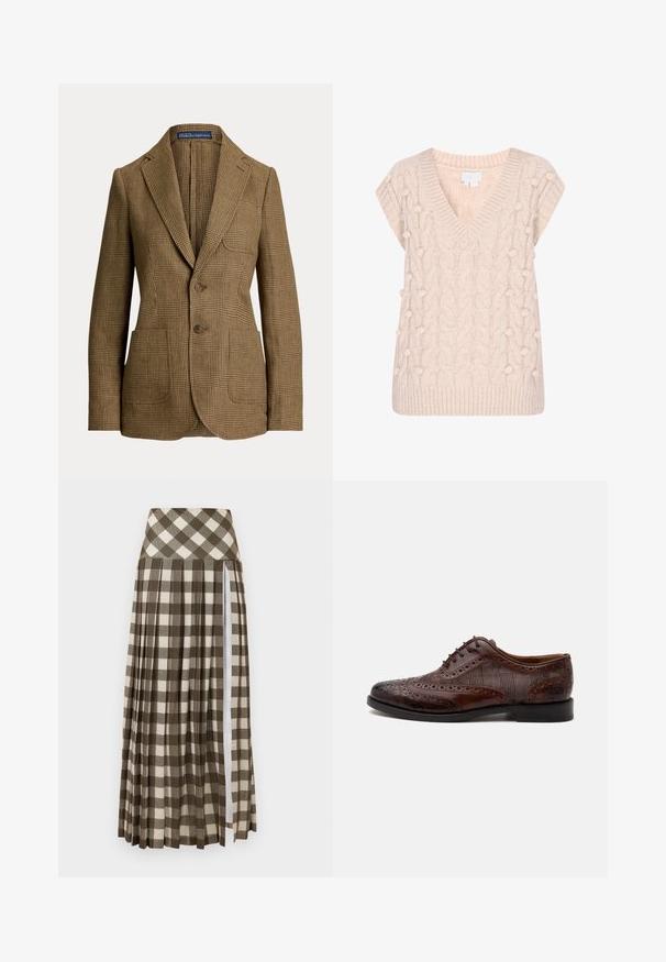 Bruine geruite blazer met ingezakte revers, twee knopen aan de voorkant, drie zakken en een Polo by Ralph Lauren label aan de binnenkant van de kraag.; Gebreide mouwloze trui in crèmekleur met V-hals, kabelpatroon en verhoogde bobbeltjes aan de voorkant en zijkanten.; Lange, geplooide rok met een bruin en beige geruit patroon. Hoge taille ontwerp met een zijsplits en een zachte stofstructuur.; Bruine leren herenschoen met vleugelstuk, brogue-details en geruite stoffen zijpanelen, zijaanzicht op een witte achtergrond.